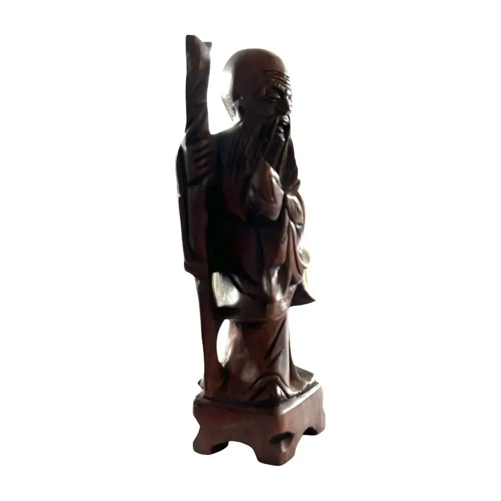 Vintage Chinese Statue Man With Staff And Peach Carved Wood 8”